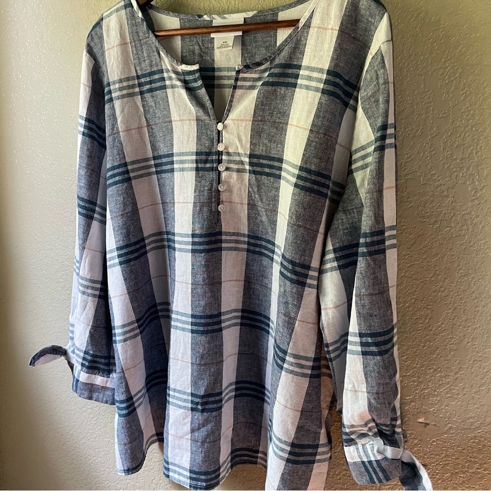 Liz Claiborne Womens XXL 2XL Linen Blend Blue Plaid Tunic 3/4 Tie Sleeve Blouse - Picture 4 of 10